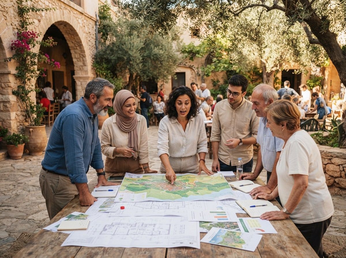 Atelier participatif en plein air : des participants de tous âges étudient ensemble une carte de territoire posée sur une grande table.